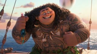 Maui smiling on Moana's boat