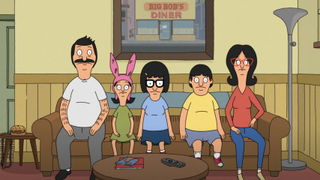 bob, louise, tina, gene and linda belcher on the couch in bob's burgers